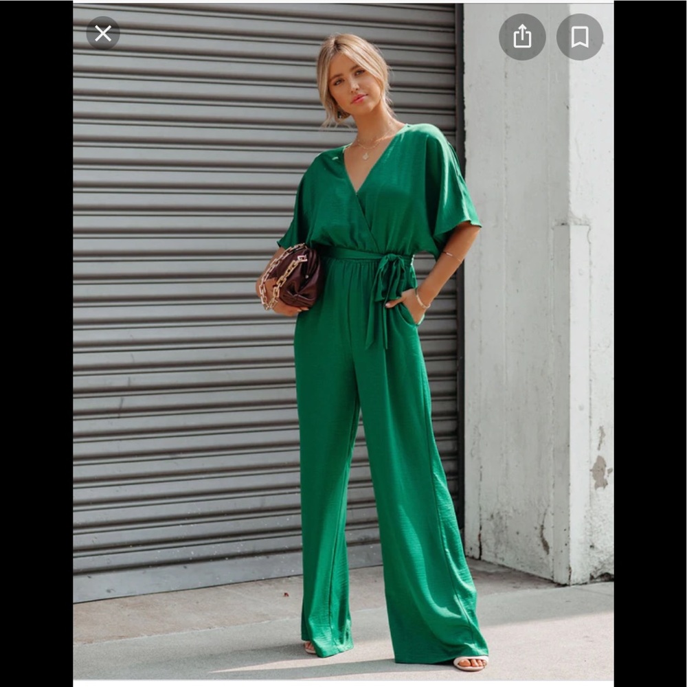 Vici Empowered Satin pocketed Green Jumpsuit
